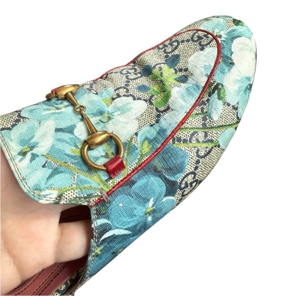 GUCCI Supreme Monogram Blooms Princetown Slippers 40 Beige Blue Navy Hibiscus - Picture 5 of 16